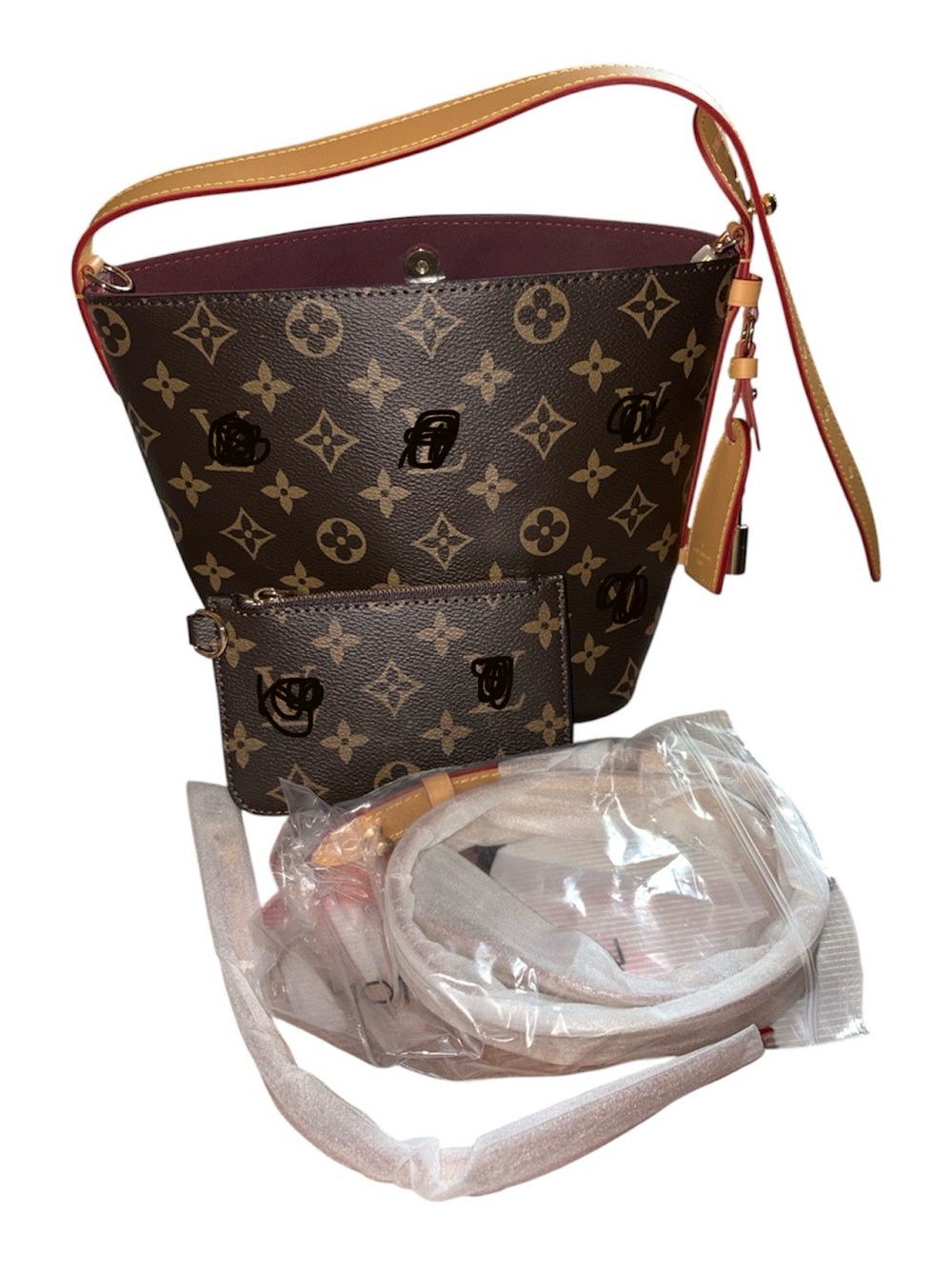 Fashion Monogram Canvas Shoulder Hobo with Tan Trim and Burgundy Interior